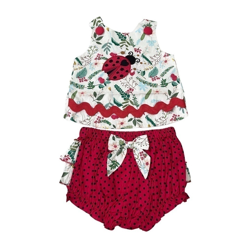 New Lil Cactus Red Lady Bug Floral Criss-cross Back Top and Bloomer Set US 2T